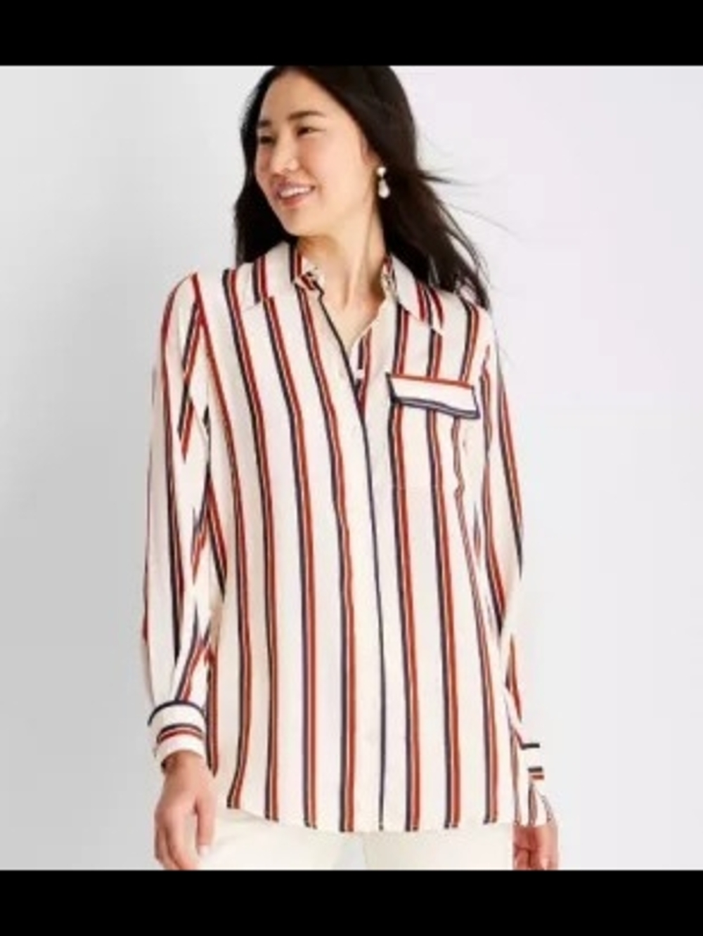 Women's Striped Button-Down Shirt in Cream, Red & Navy